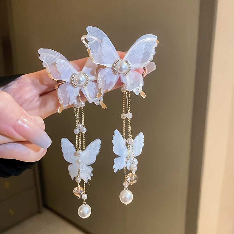 Elegant Butterfly Tassel Earrings with Crystal & Faux Pearl Accents, 925 Silver Posts - Perfect for Casual Attire or Parties, Pearl, Earrings, Elegant Style