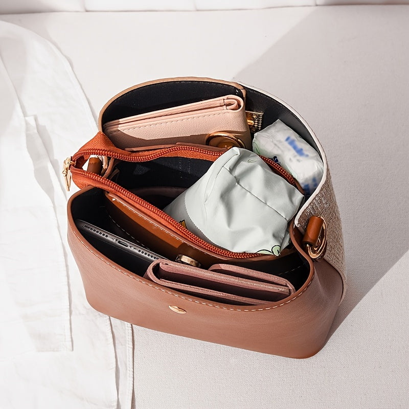 1pc Women's Two-Tone Synthetic Synthetic Leather Crossbody Bucket Bag with Detachable Strap & Zipper Closure - Elegant Textured Design for Work, Commute, - Red/Blue/Black, Small Crossbody Bag, Work Accessory, Modern Bucket Ba
