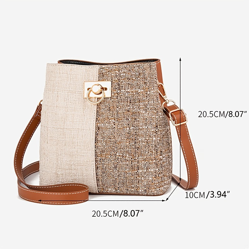 1pc Women's Two-Tone Synthetic Synthetic Leather Crossbody Bucket Bag with Detachable Strap & Zipper Closure - Elegant Textured Design for Work, Commute, - Red/Blue/Black, Small Crossbody Bag, Work Accessory, Modern Bucket Ba