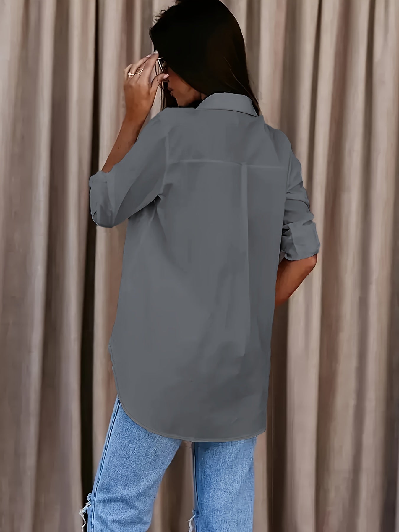 [Women's Office Work Shirt] Solid Button Front Shirt, Casual Turn Down Collar Office Work Shirt, Women's Clothing