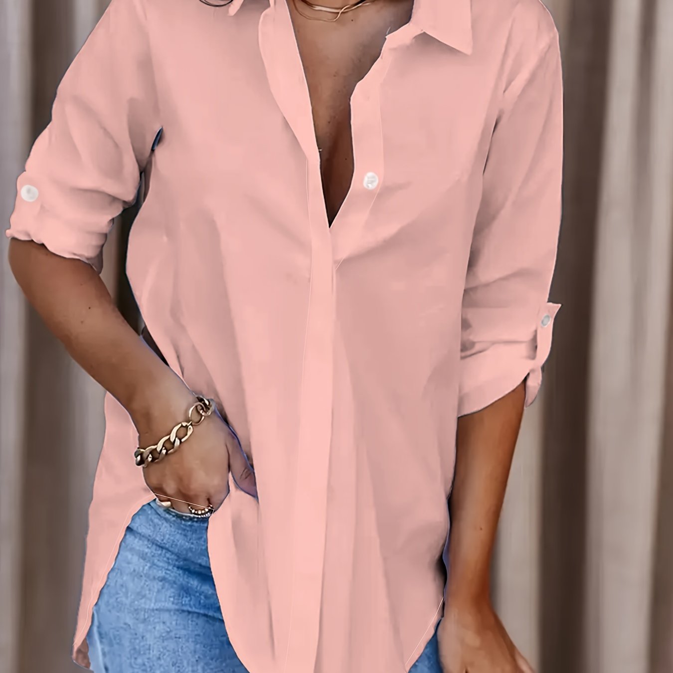 [Women's Office Work Shirt] Solid Button Front Shirt, Casual Turn Down Collar Office Work Shirt, Women's Clothing