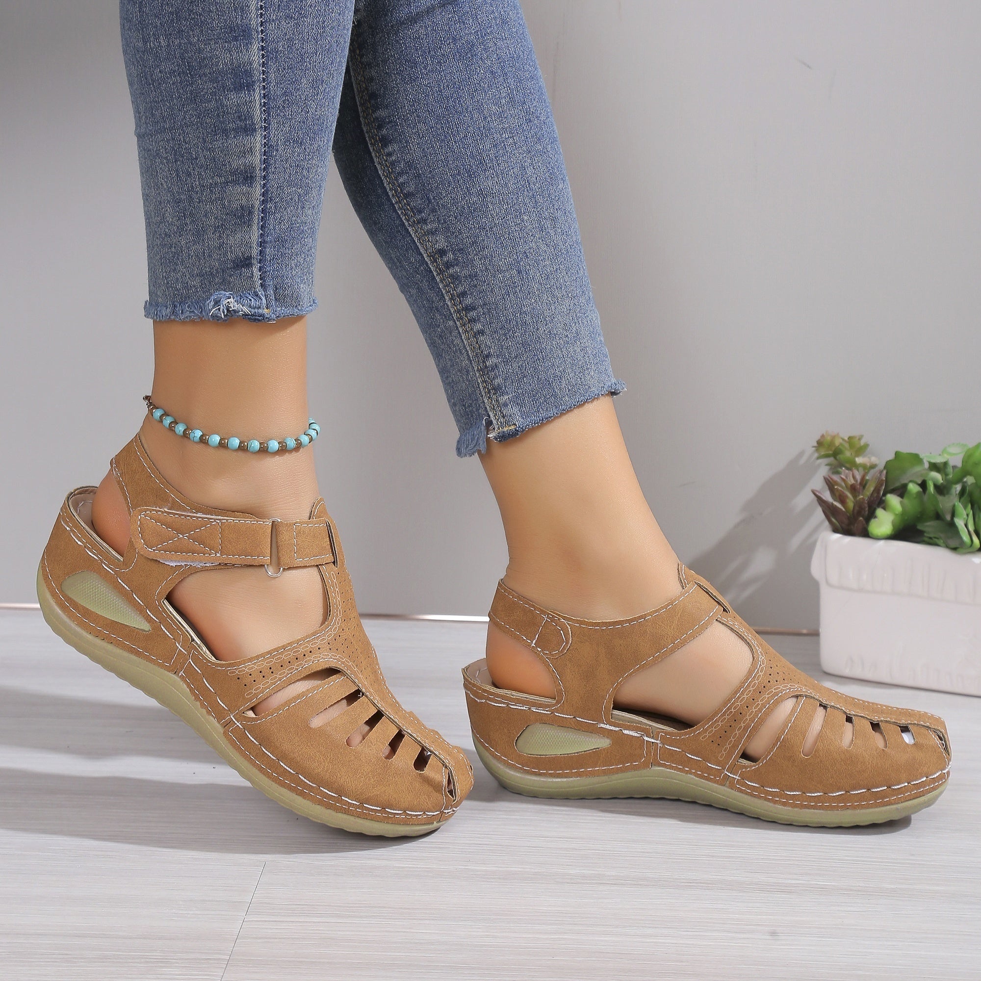 Women's Platform Sandals, Closed Toe Round Toe Solid Color Ankle Strap Sandals, Women's Hook And Loop Shoes