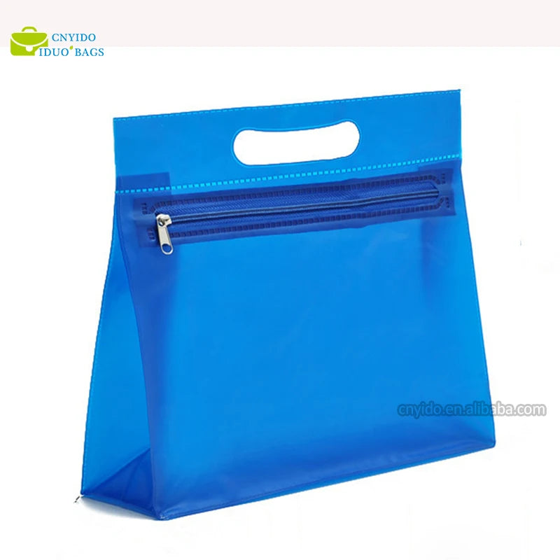 Custom PVC Transparent Blue Cosmetic Organizer Bag Pouch with Zipper Closure Travel Makeup Toiletry Bag for Wigs and Shampoo