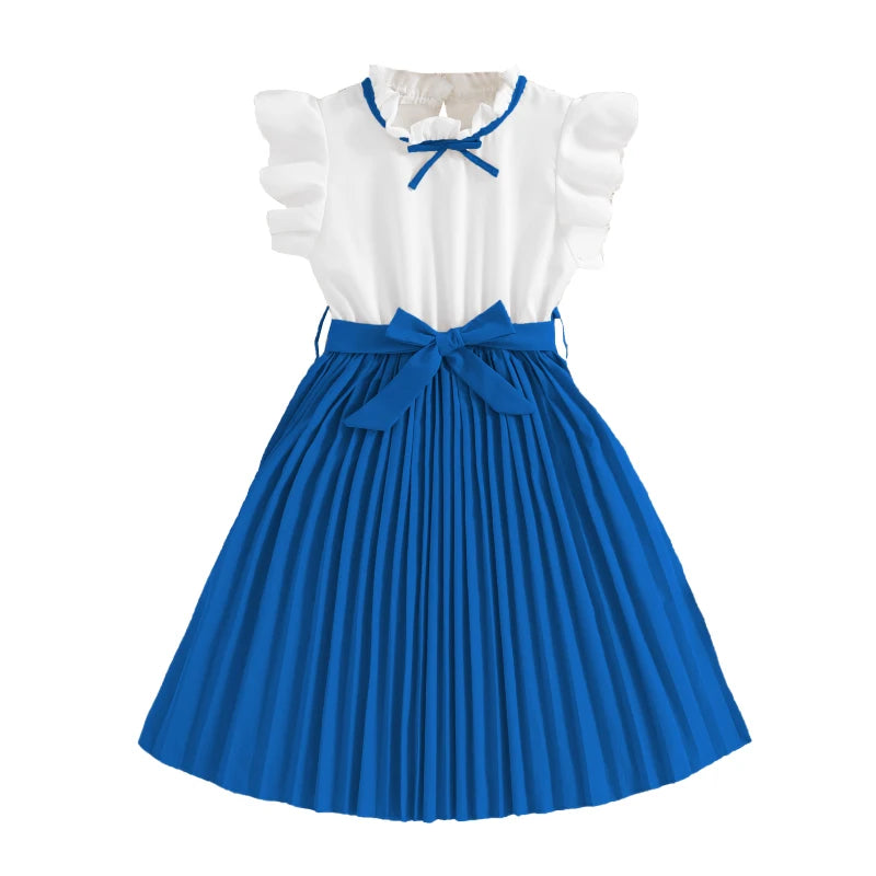 Girls 8-16 Years White Small Flying Sleeves Pleated Skirt