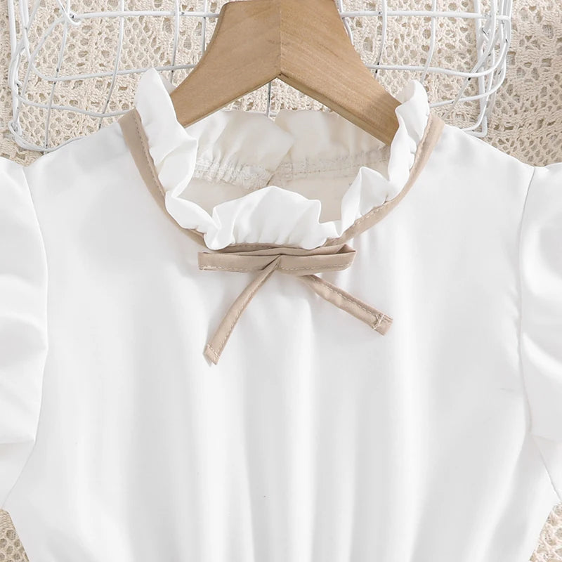 Girls 8-16 Years White Small Flying Sleeves Pleated Skirt