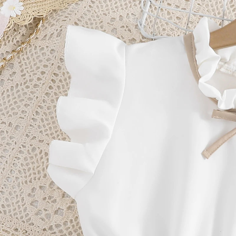 Girls 8-16 Years White Small Flying Sleeves Pleated Skirt