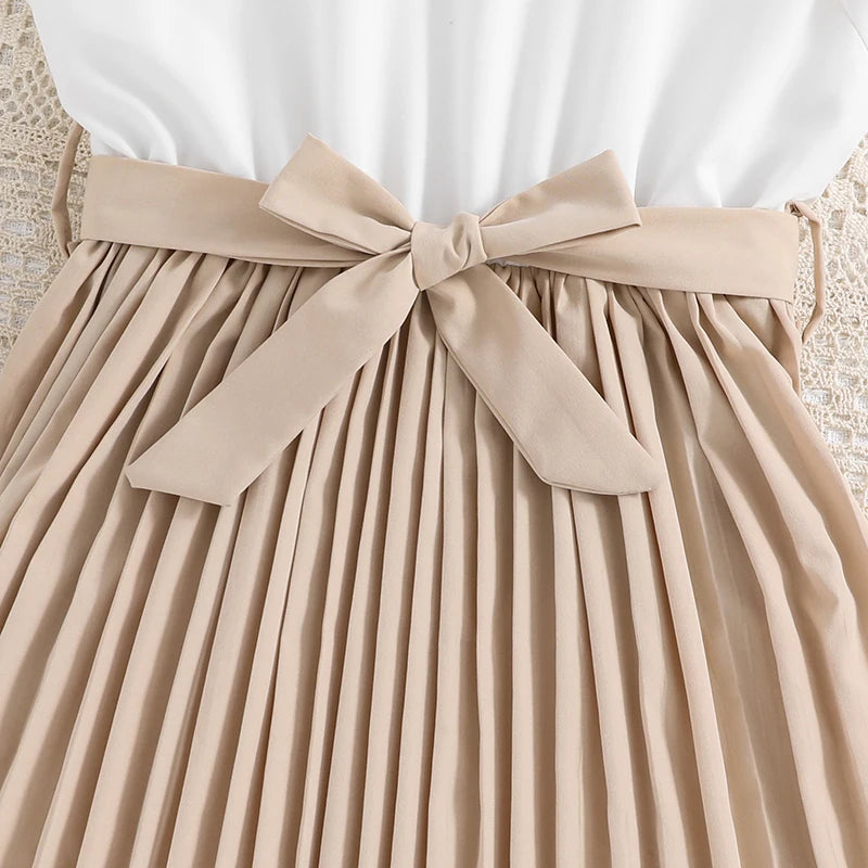 Girls 8-16 Years White Small Flying Sleeves Pleated Skirt