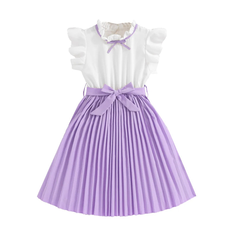 Girls 8-16 Years White Small Flying Sleeves Pleated Skirt