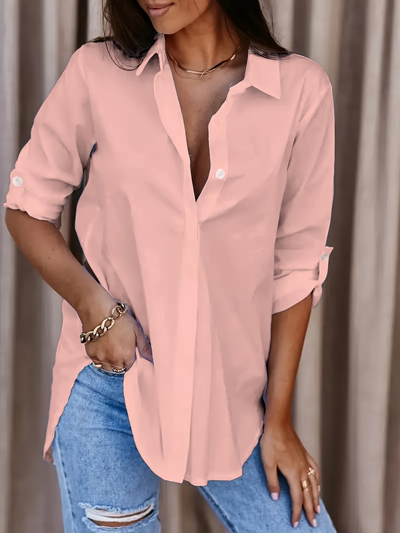 [Women's Office Work Shirt] Solid Button Front Shirt, Casual Turn Down Collar Office Work Shirt, Women's Clothing