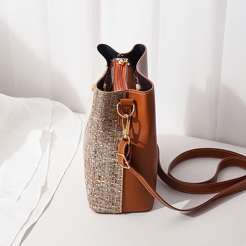 1pc Women's Two-Tone Synthetic Synthetic Leather Crossbody Bucket Bag with Detachable Strap & Zipper Closure - Elegant Textured Design for Work, Commute, - Red/Blue/Black, Small Crossbody Bag, Work Accessory, Modern Bucket Ba