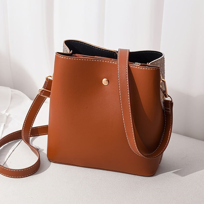 1pc Women's Two-Tone Synthetic Synthetic Leather Crossbody Bucket Bag with Detachable Strap & Zipper Closure - Elegant Textured Design for Work, Commute, - Red/Blue/Black, Small Crossbody Bag, Work Accessory, Modern Bucket Ba